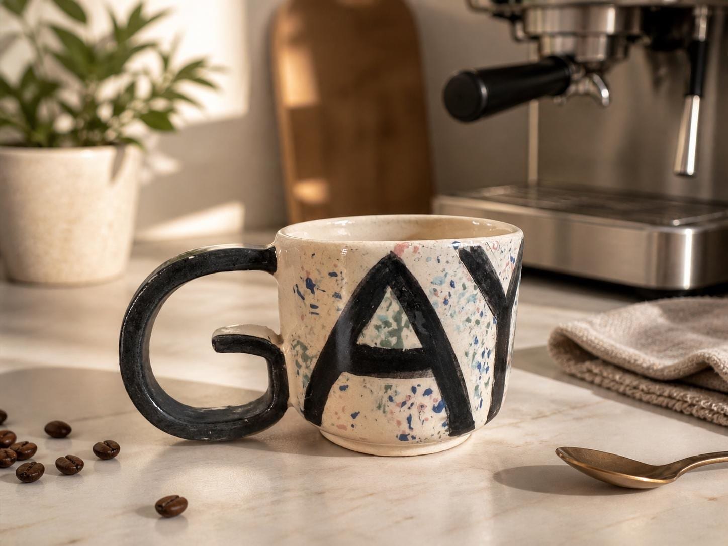 GAY Tasse in der Küche neben der Espressomaschine