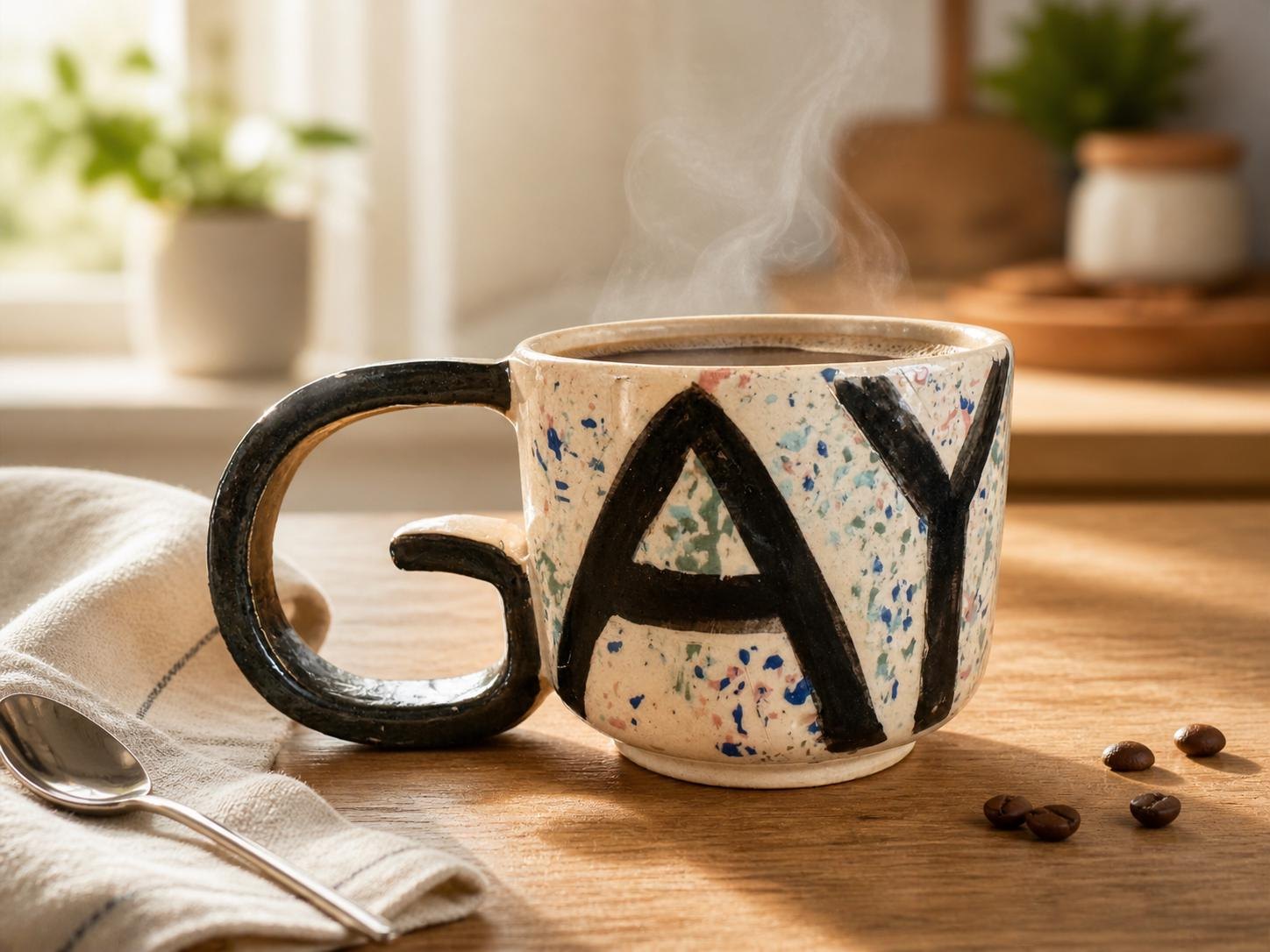 GAY Tasse mit dampfendem Kaffee auf einem Holztisch
