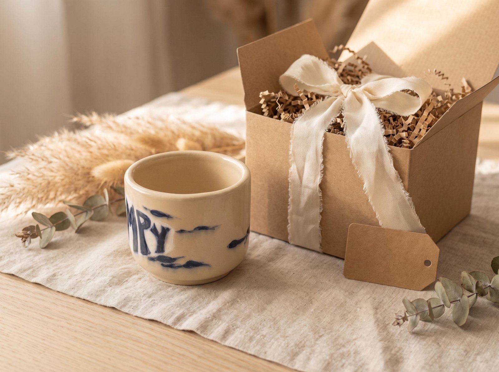 GRUMPY Tasse neben einer Geschenkbox