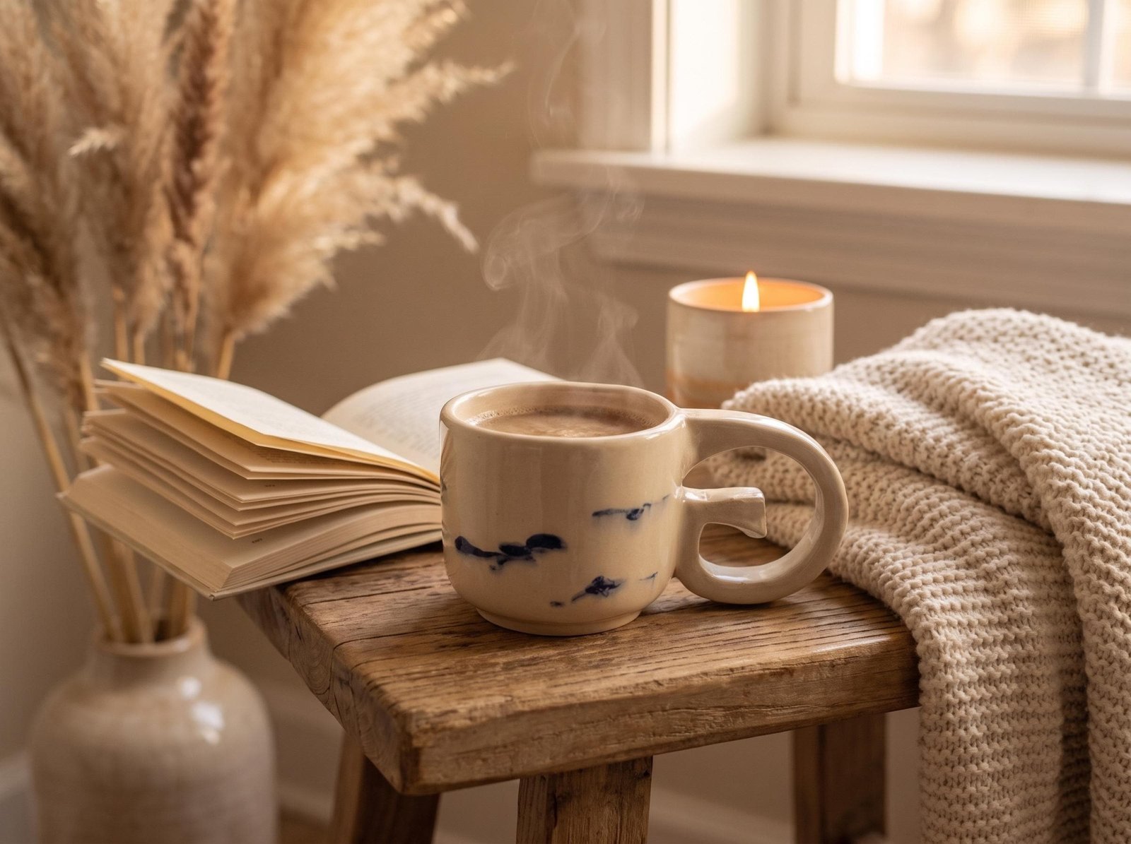 GRUMPY Tasse auf einem Hocker neben einem Buch
