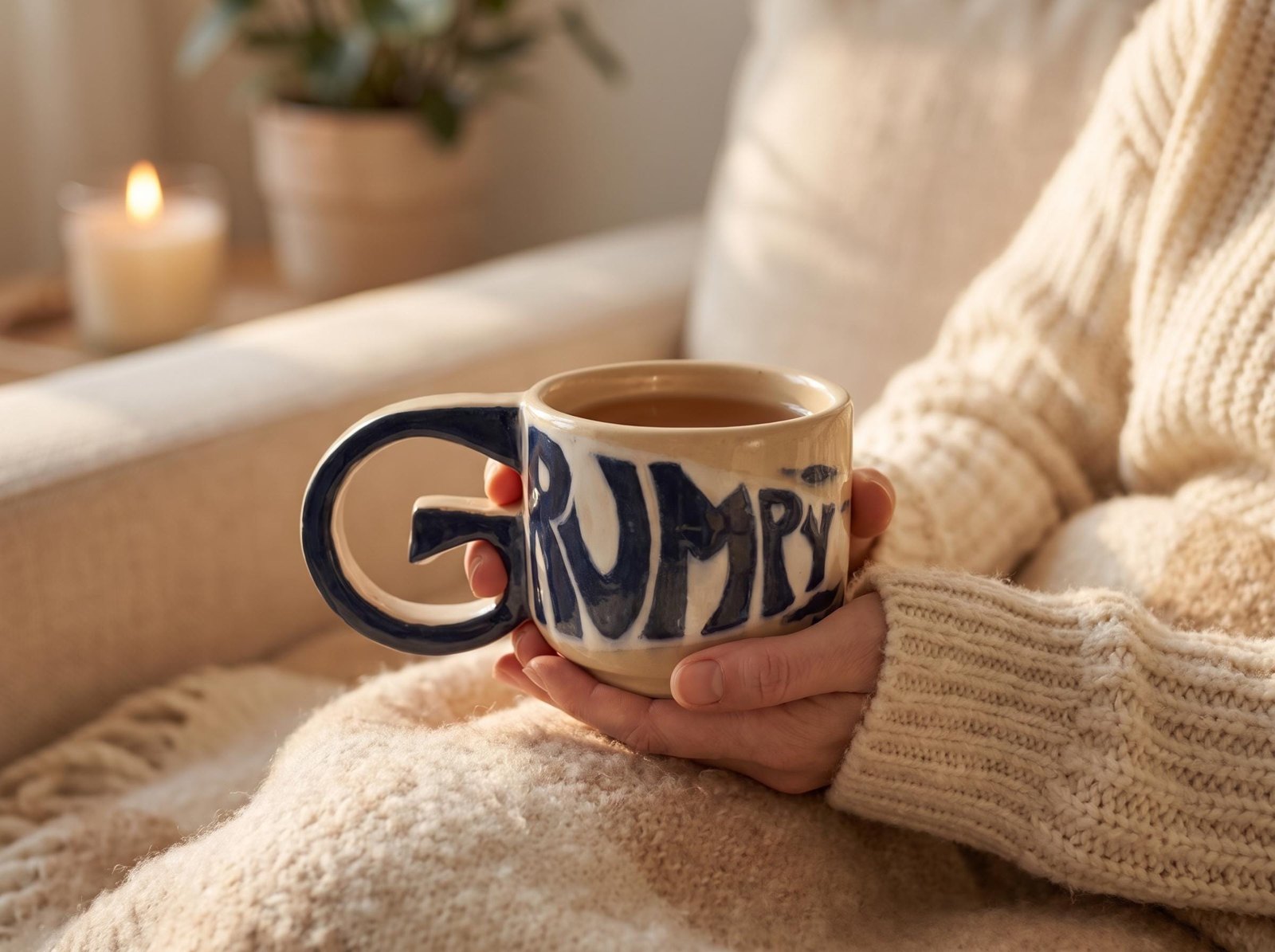 Hand hält die GRUMPY Tasse auf einer Strickdecke