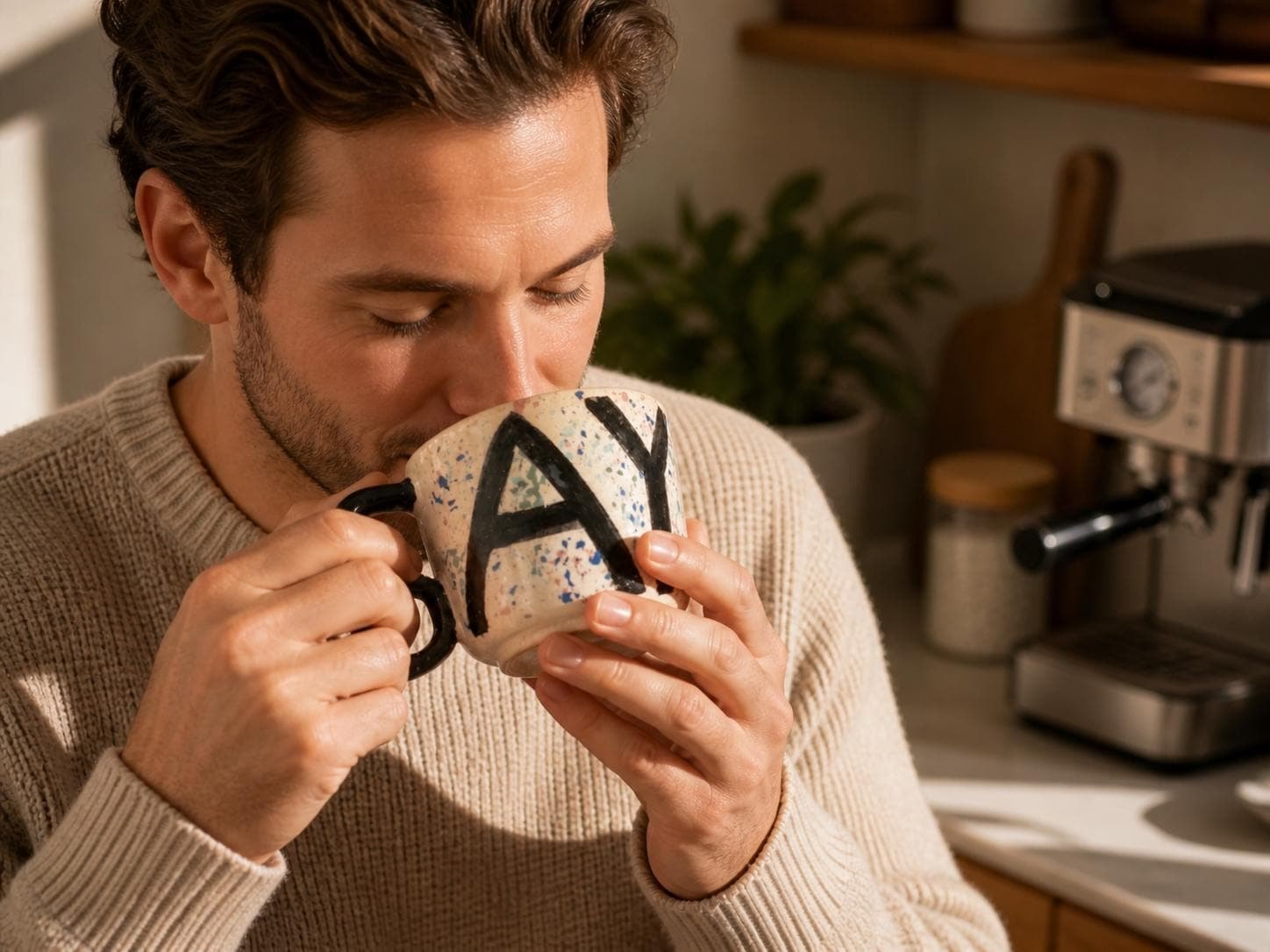 Mann trinkt Kaffee aus der GAY Tasse