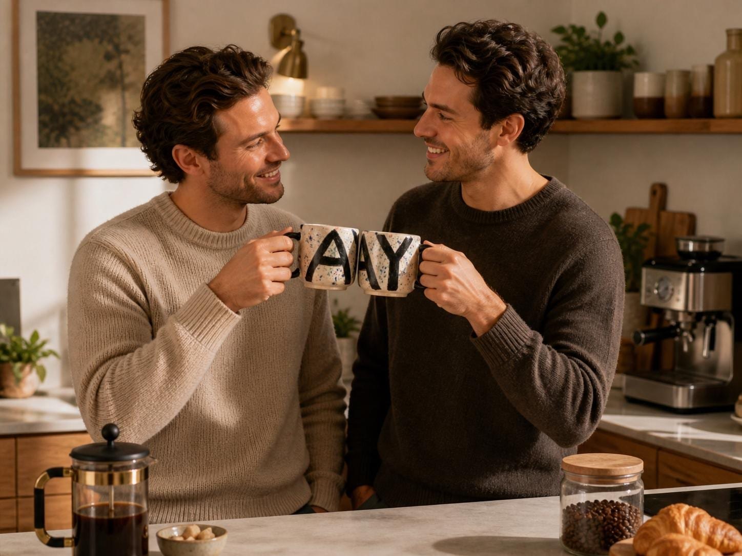 Zwei Männer stoßen mit der GAY Tasse an