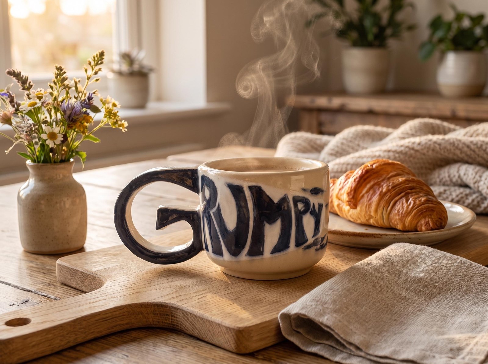 GRUMPY Tasse mit Kaffee neben einem Croissant