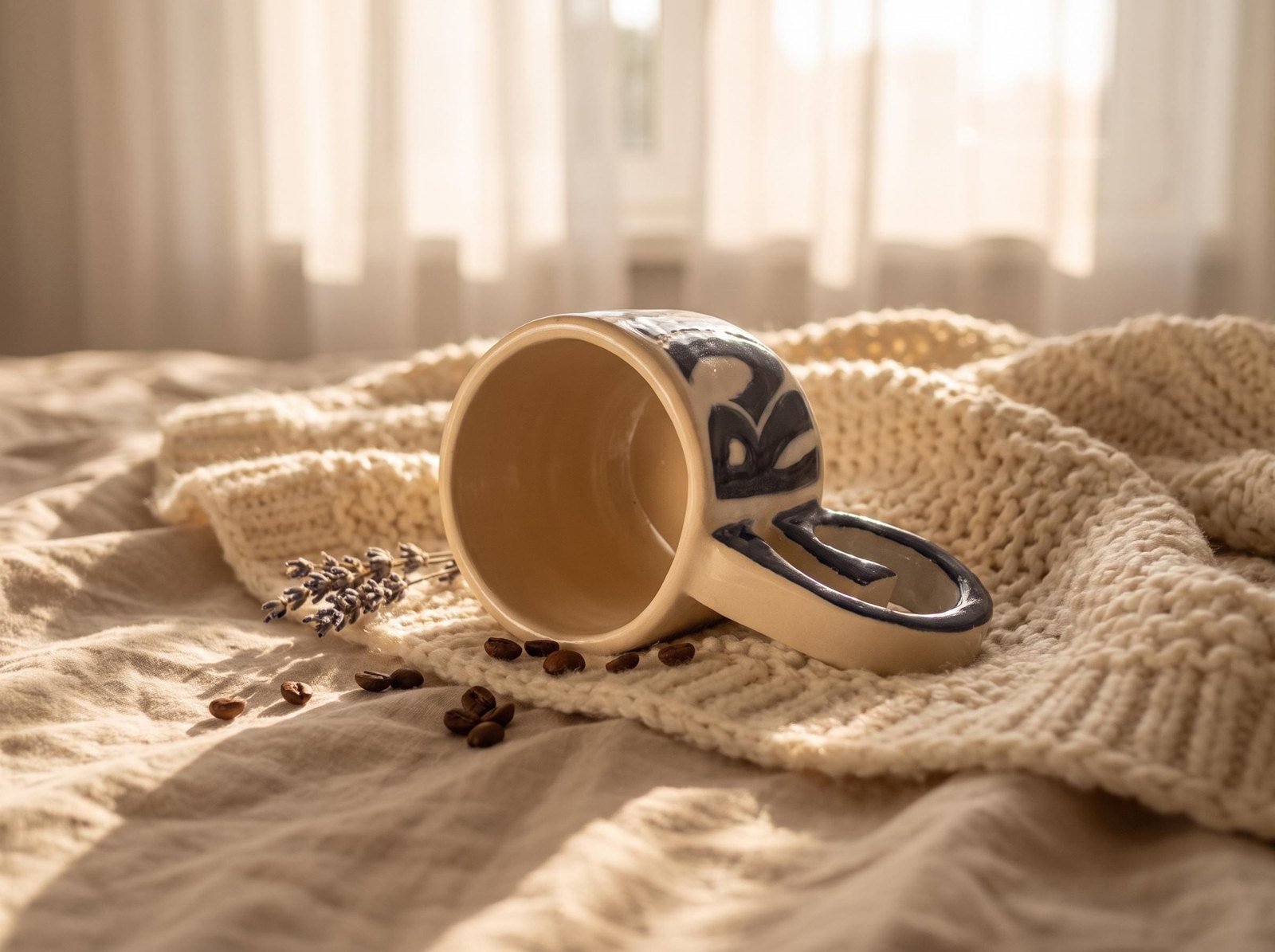 GRUMPY Tasse liegend auf einer Strickdecke